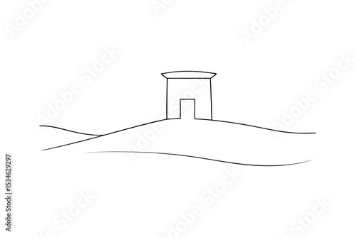 Minimalist line drawing house on hilltop simple landscape