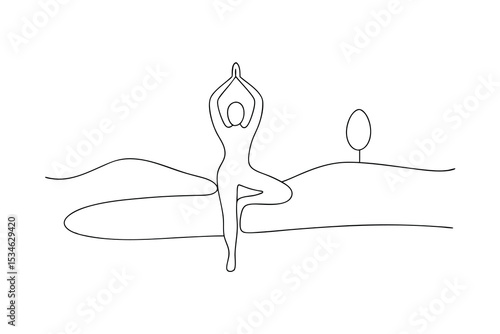 Woman practicing yoga tree pose outdoors serene nature landscape minimalist line art illustration