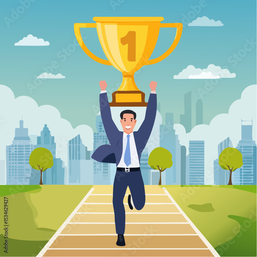 Success winning businessman, achievement, succeed performance or business victory, career success, goal or target accomplishment concept, success businessman running reach finish line with troph