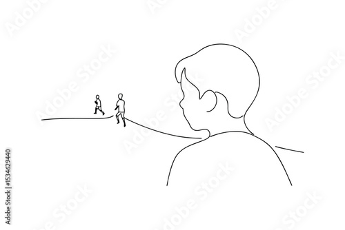 Child watching people walking away on a hill line art illustration