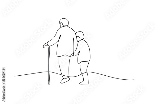Elderly person walking with assistance young person support cane line art minimalist