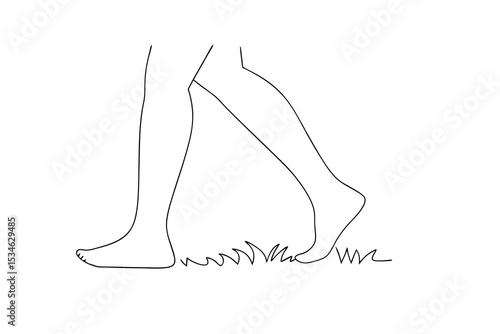 Barefoot legs walking on grass minimalist line art