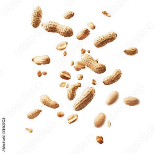 Whole and shelled peanuts floating and isolated on transparent background