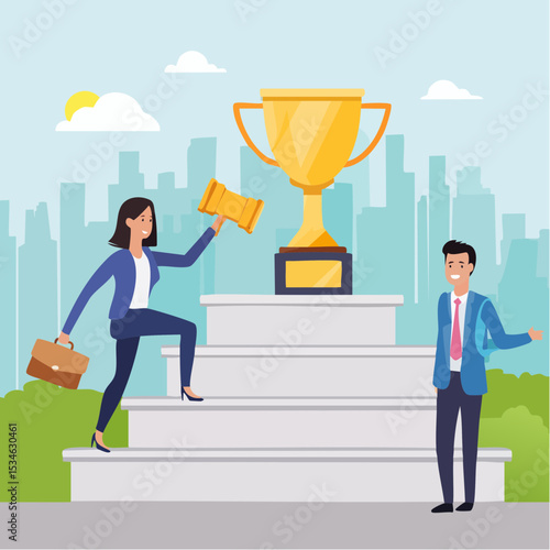 Business competition, employee motivation to success, rivalry or conflict, contest or challenge to achieve target, effort concept, businessman and businesswoman walk up stair compete to win troph