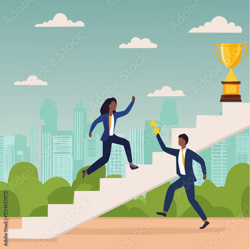 Business competition, employee motivation to success, rivalry or conflict, contest or challenge to achieve target, effort concept, businessman and businesswoman walk up stair compete to win troph