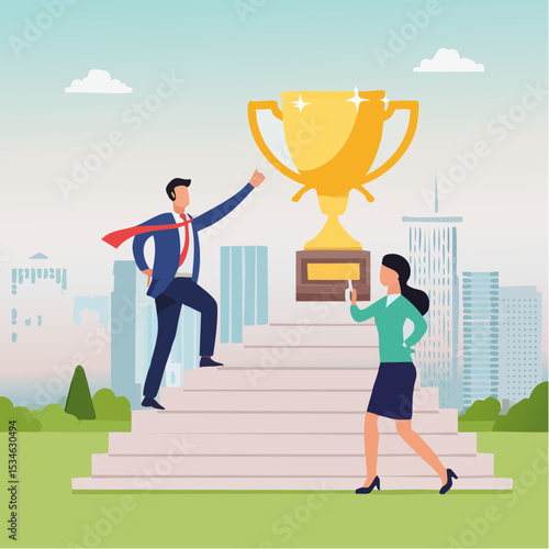 Business competition, employee motivation to success, rivalry or conflict, contest or challenge to achieve target, effort concept, businessman and businesswoman walk up stair compete to win troph