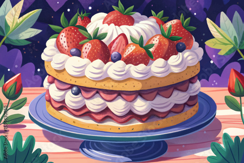 strawberry shortcake with fluffy whipped cream layers, fresh sliced strawberries, and soft sponge cake. A perfect summer dessert full of fruity sweetness and charm
