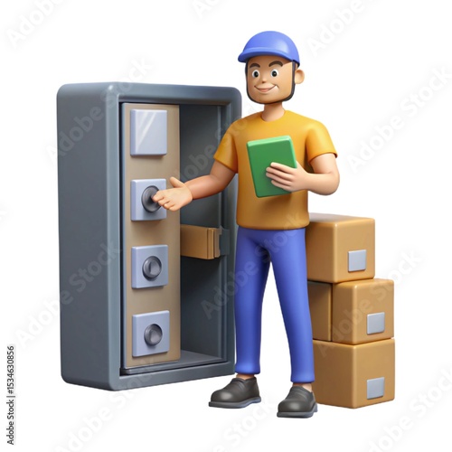 Secure Delivery Service 3D Illustration of a Courier with Packages and a Secure Vault
