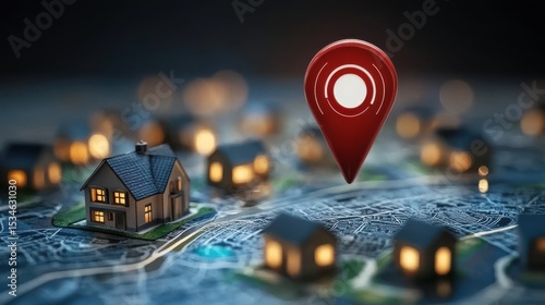 Real estate location concept with GPS pin and house icons, representing property search, map-based home listings, and smart housing navigation.
