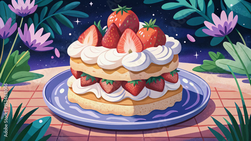 strawberry shortcake with fluffy whipped cream layers, fresh sliced strawberries, and soft sponge cake. A perfect summer dessert full of fruity sweetness and charm