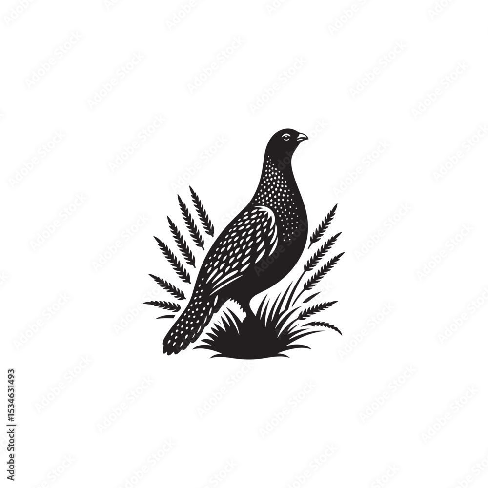 Fototapeta premium Strutting Grouse Silhouette Vector Art – Bold Forest Game Bird Design with Fanned Tail, Minimalist Black Outline for Rustic Wildlife Themes, Hunting Logos, and Nature Decor 