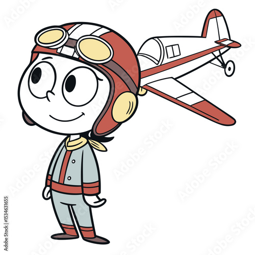 Young cartoon aviator smiling while standing next to a small airplane  