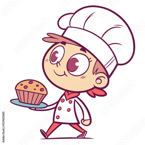 Cartoon chef with a muffin walking cheerfully in a playful style  