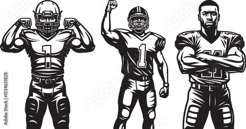 Strong football players vector design in victory pose for posters, apparel, sports promotion, gym decor, game day marketing materials, t-shirt designs, and digital merchandise templates