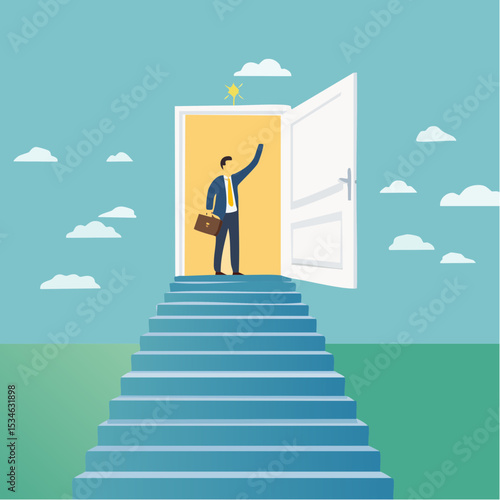 Stairway to new opportunity, success path or open door to career chance, leadership improvement, progress or solving problem concept, businessman open arrow up door to walk up stair to succes