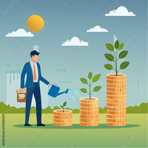 Compound interest growth, savings, investment or wealth accumulation formula, interest rate principal, profit or earning, prosperity concept, businessman watering compound interest seedling growt