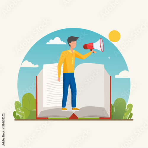 Storytelling communicate brand story or idea to listener, narrative message, content or article writing or advertising creativity concept, young man on opening book telling story on megaphon