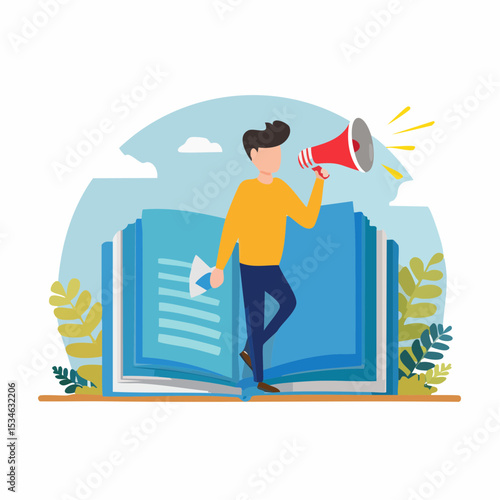 Storytelling communicate brand story or idea to listener, narrative message, content or article writing or advertising creativity concept, young man on opening book telling story on megaphon