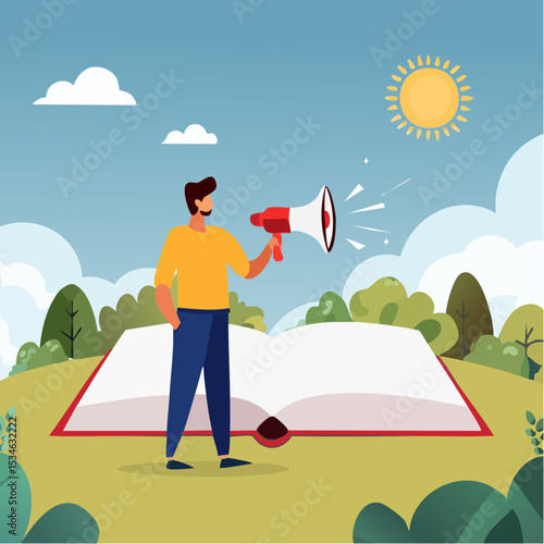 Storytelling communicate brand story or idea to listener, narrative message, content or article writing or advertising creativity concept, young man on opening book telling story on megaphon