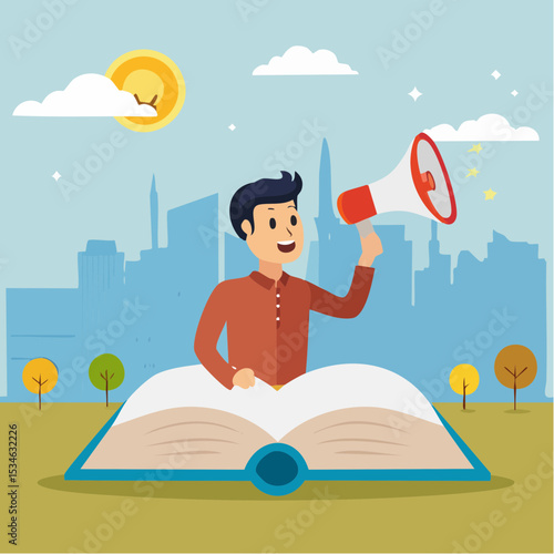 Storytelling communicate brand story or idea to listener, narrative message, content or article writing or advertising creativity concept, young man on opening book telling story on megaphon
