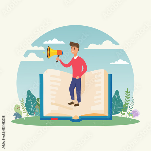 Storytelling communicate brand story or idea to listener, narrative message, content or article writing or advertising creativity concept, young man on opening book telling story on megaphon