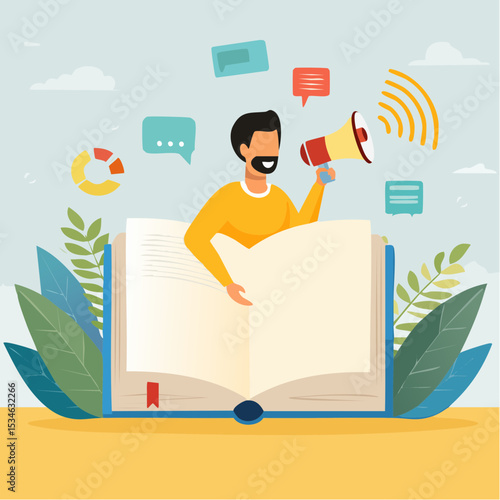 Storytelling communicate brand story or idea to listener, narrative message, content or article writing or advertising creativity concept, young man on opening book telling story on megaphon