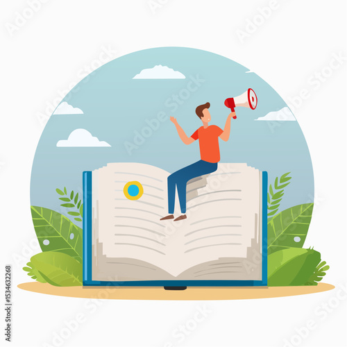 Storytelling communicate brand story or idea to listener, narrative message, content or article writing or advertising creativity concept, young man on opening book telling story on megaphon