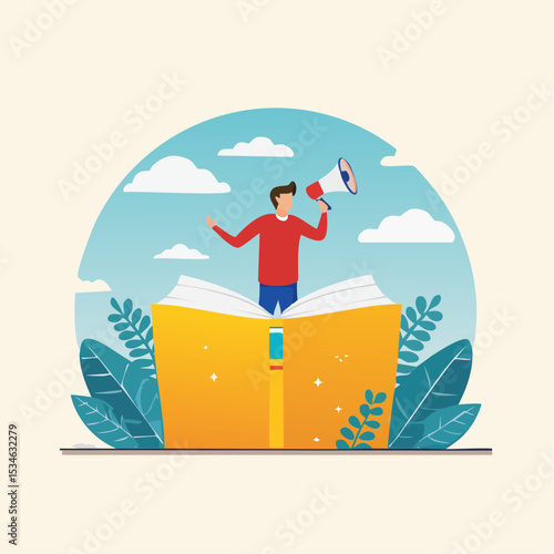 Storytelling communicate brand story or idea to listener, narrative message, content or article writing or advertising creativity concept, young man on opening book telling story on megaphon