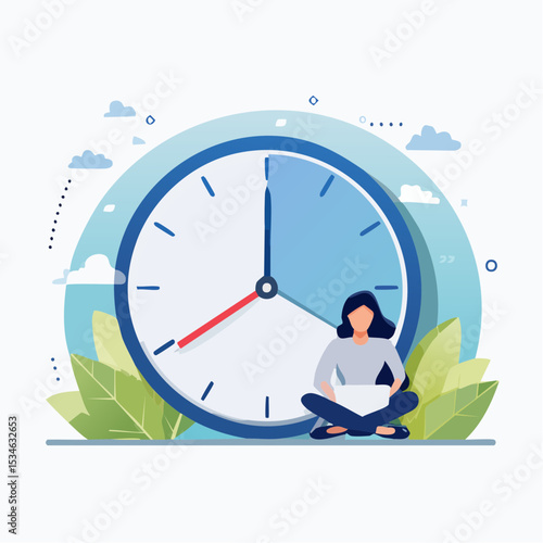Part-time job, work tracking system, day planning or time management, side hustle or office work deadline, start and end time schedule concept, businesswoman working with laptop on split time cloc