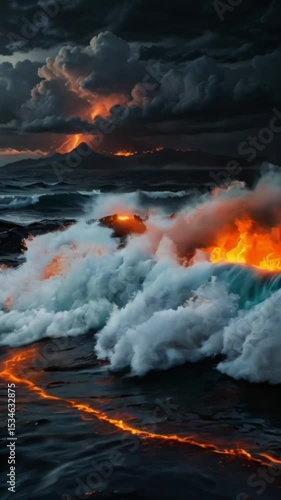 Dramatic volcanic eruption with molten lava flowing amidst dark smoke.