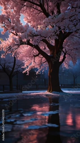 Ethereal winter landscape featuring a snow-covered tree and icy ground.