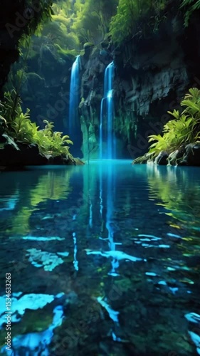 Majestic waterfall cascading into a pristine pool surrounded by lush greenery.