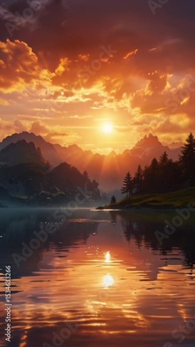 Breathtaking sunrise landscape with vibrant sky reflecting on still lake water.