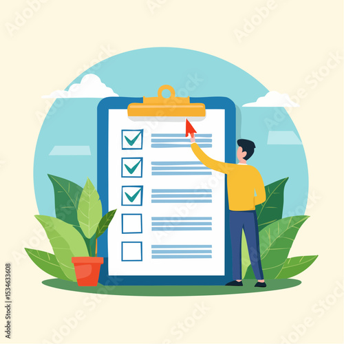 Criteria checklist report, evaluation list, complete checkbox, finish work, to do list or task done, quality assurance control, checkmark concept, businessman put tick on completion checklis