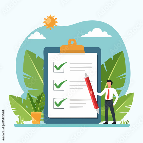 Criteria checklist report, evaluation list, complete checkbox, finish work, to do list or task done, quality assurance control, checkmark concept, businessman put tick on completion checklis
