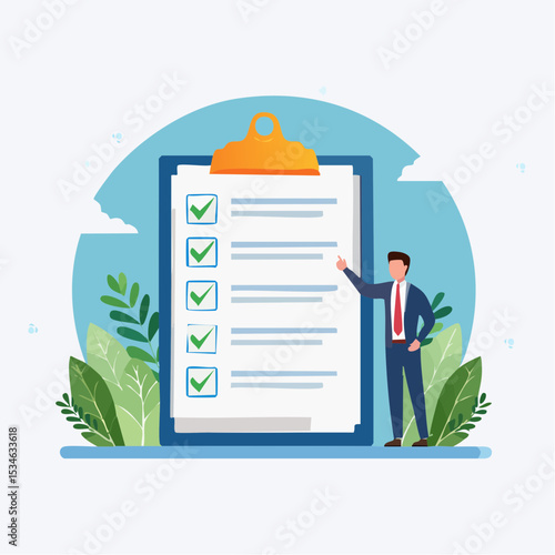 Criteria checklist report, evaluation list, complete checkbox, finish work, to do list or task done, quality assurance control, checkmark concept, businessman put tick on completion checklis