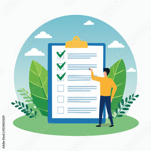 Criteria checklist report, evaluation list, complete checkbox, finish work, to do list or task done, quality assurance control, checkmark concept, businessman put tick on completion checklis