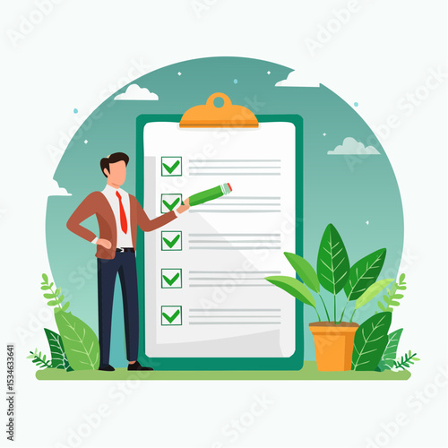 Criteria checklist report, evaluation list, complete checkbox, finish work, to do list or task done, quality assurance control, checkmark concept, businessman put tick on completion checklis