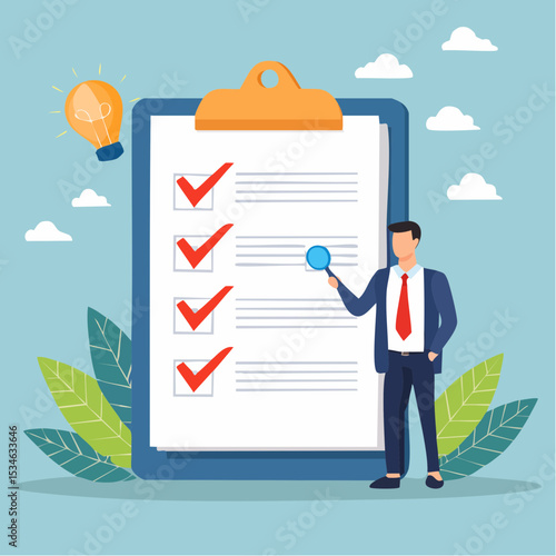 Criteria checklist report, evaluation list, complete checkbox, finish work, to do list or task done, quality assurance control, checkmark concept, businessman put tick on completion checklis