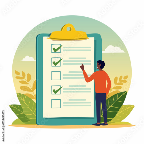 Criteria checklist report, evaluation list, complete checkbox, finish work, to do list or task done, quality assurance control, checkmark concept, businessman put tick on completion checklis