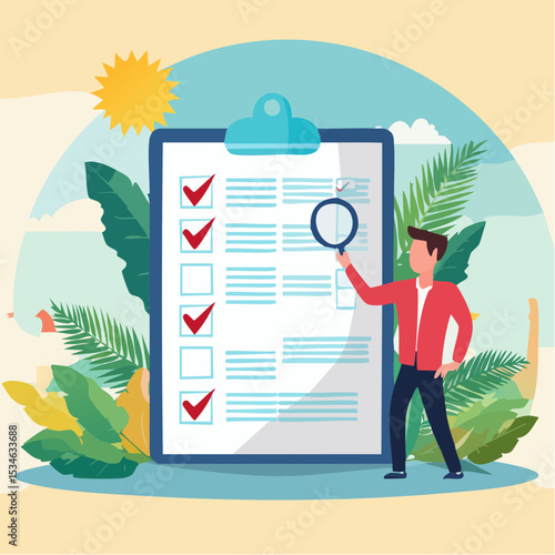 Criteria checklist report, evaluation list, complete checkbox, finish work, to do list or task done, quality assurance control, checkmark concept, businessman put tick on completion checklis
