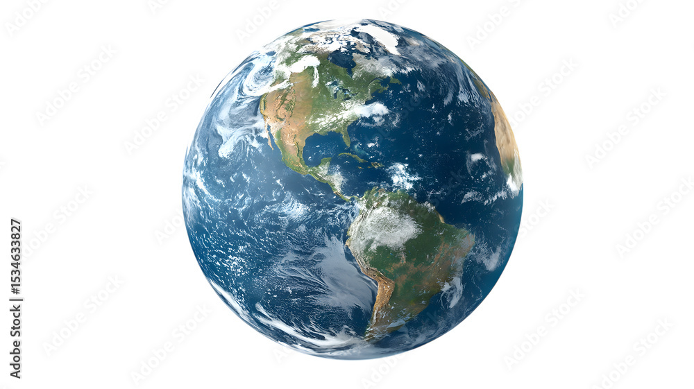 Obraz premium A beautiful detailed satellite view of planet earth showing north and south america surrounded by clouds and azure oceans isolated on white transparent