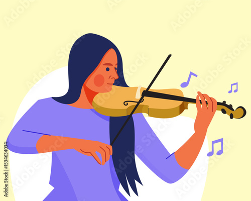 A flat style vector of a young girl gracefully playing the violin with focus and elegance. 