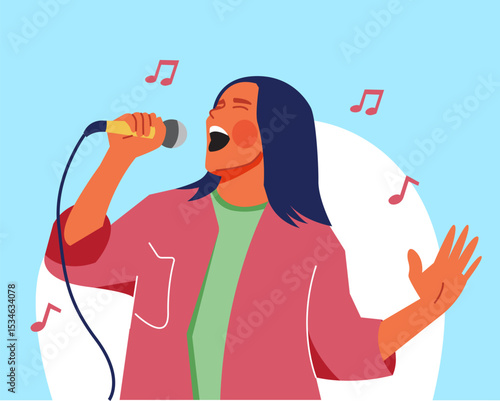 A flat vector illustration of a bold young girl singing expressively with a wired microphone.