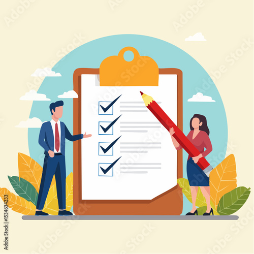 Checklist to complete project task, accomplish work checkmark, todo list clipboard or project status report, plan to finish work concept, business people holding pencil complete task checkbo