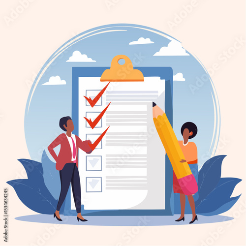 Checklist to complete project task, accomplish work checkmark, todo list clipboard or project status report, plan to finish work concept, business people holding pencil complete task checkbo