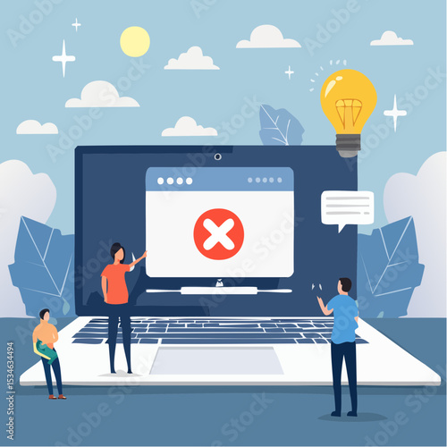 Computer outage, error or failure causing by software update mistake, operating system crash or cyber attack, server down or technical issue concept, people victims looking at computer laptop outag