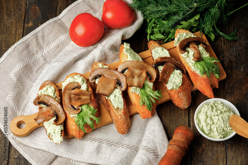 Mushroom Sandwich Toast on Wooden Board. Vegetarian Food. Top view.