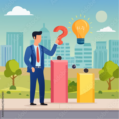 Solving problem, critical thinking root cause analysis to solution, answering question or success resolve issues, discover opportunity, creativity concept, businessman make idea from question mar