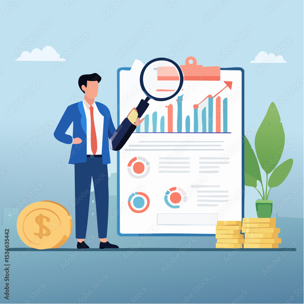 Analysis report research result, chart and diagram dashboard, financial graph statistics, analyze data, SEO or optimization concept, businessman with magnifying glass analyze research chart and grap Analysis report research result, chart and diagram dashboard, financial graph statistics, analyze data, SEO or optimization concept, businessman with magnifying glass analyze research chart and grap